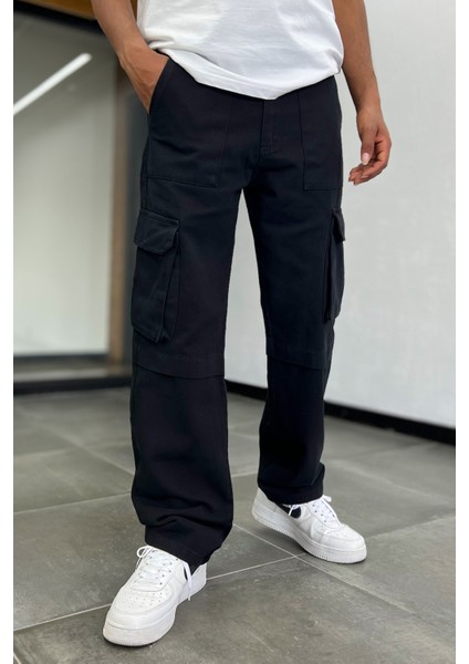 Erkek Siyah Baggy Kargo Pantolon Pamuklu Kumaş