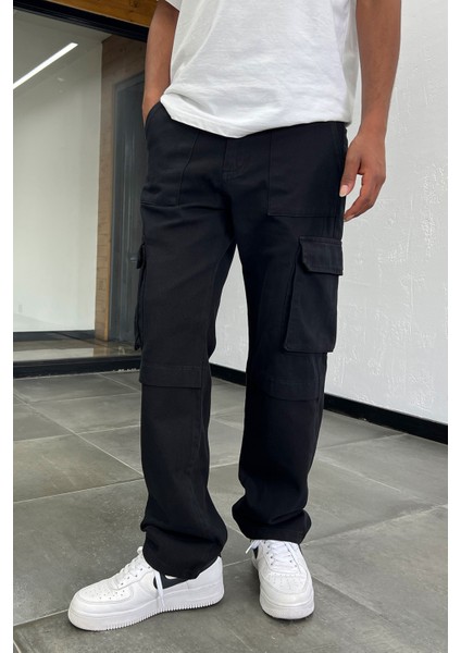 Erkek Siyah Baggy Kargo Pantolon Pamuklu Kumaş fırsatları