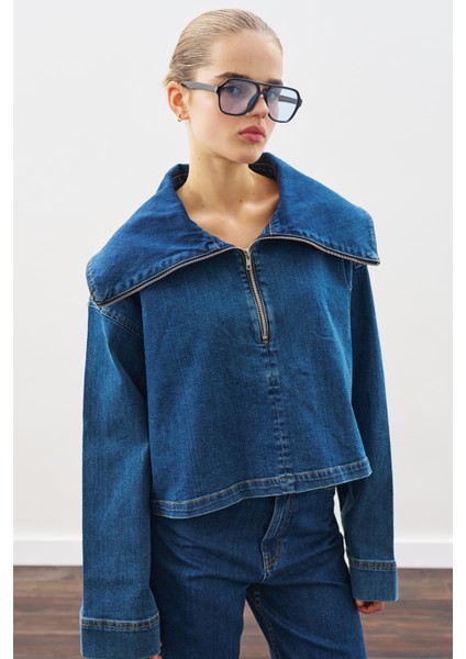 Geniş Yakalı Denim Bluz Koyu Mavi