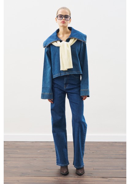 Geniş Yakalı Denim Bluz Koyu Mavi fiyatları