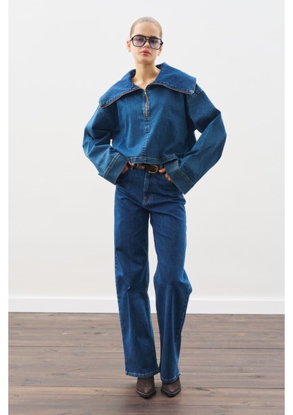 Geniş Yakalı Denim Bluz Koyu Mavi modelleri