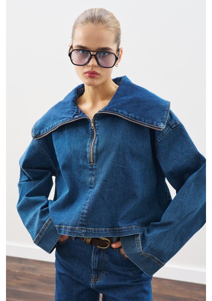 Geniş Yakalı Denim Bluz Koyu Mavi fırsatları