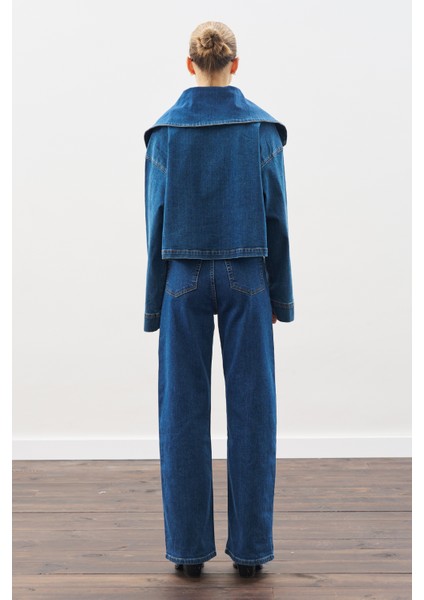 Geniş Yakalı Denim Bluz Koyu Mavi