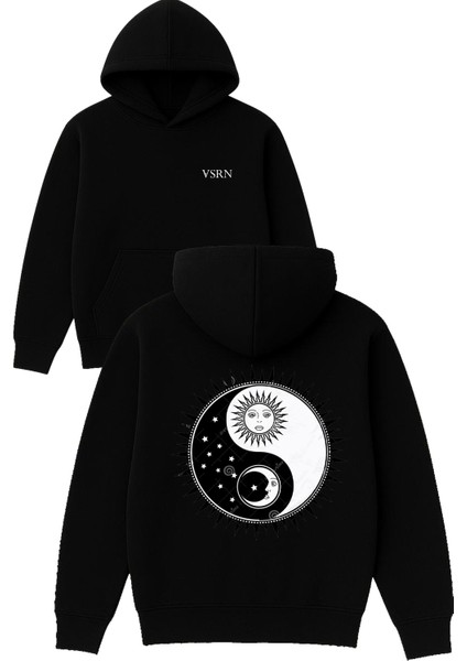 Güneş ve Ay Tasarım Baskılı Oversize Siyah Kapüşonlu Sweatshirt