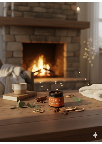 Autumn Healıng - Portakal & Tarçın Kokulu Mum Özel Tasarım (250GR) Doğal Vegan Soya Wax | Ahşap Fitil | Özel Cam Kavanoz