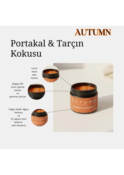 Autumn Healıng - Portakal & Tarçın Kokulu Mum Özel Tasarım (250GR) Doğal Vegan Soya Wax | Ahşap Fitil | Özel Cam Kavanoz fiyatları