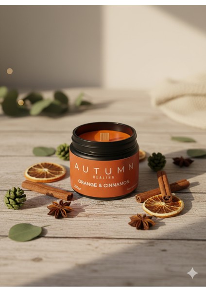 Autumn Healıng - Portakal & Tarçın Kokulu Mum Özel Tasarım (250GR) Doğal Vegan Soya Wax | Ahşap Fitil | Özel Cam Kavanoz modelleri