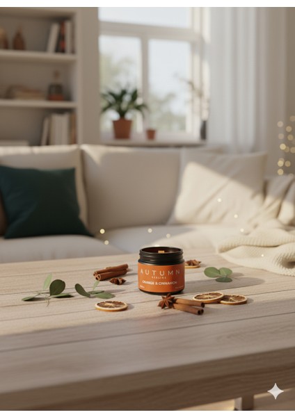 Autumn Healıng - Portakal & Tarçın Kokulu Mum Özel Tasarım (250GR) Doğal Vegan Soya Wax | Ahşap Fitil | Özel Cam Kavanoz fırsatları