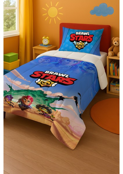 Brawl Stars Temalı Lacivert Tek Kişilik Yorgan ve Yastık Kılıfı