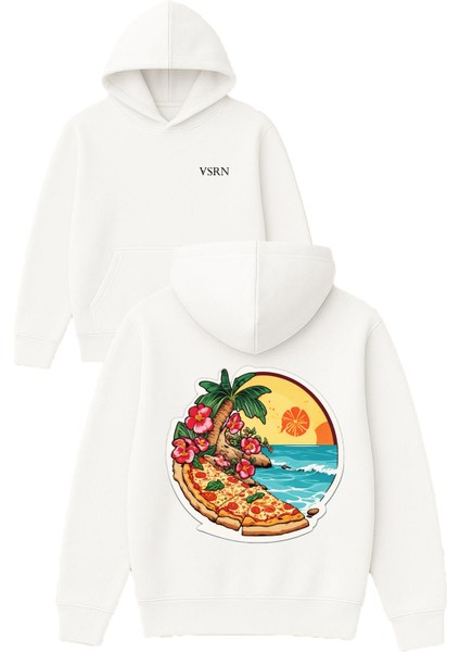 Pizza Manzara Tasarım Baskılı Oversize Beyaz Kapüşonlu Sweatshirt
