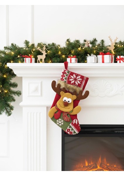 Yılbaşı Çorabı Geyik Figürlü Desenli Şömine Dekoru Hediyelik Çorap 22 cm