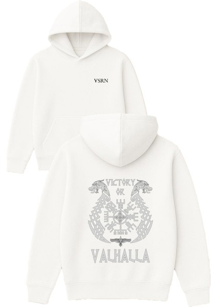 Valhalla Victory Tasarım Baskılı Oversize Beyaz Kapüşonlu Sweatshirt