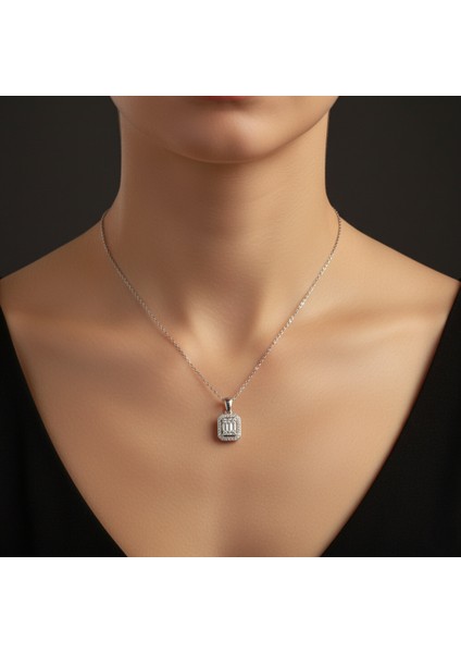 925 Ayar Gümüş Baget Taşlı Tektaş tasarım Kolye