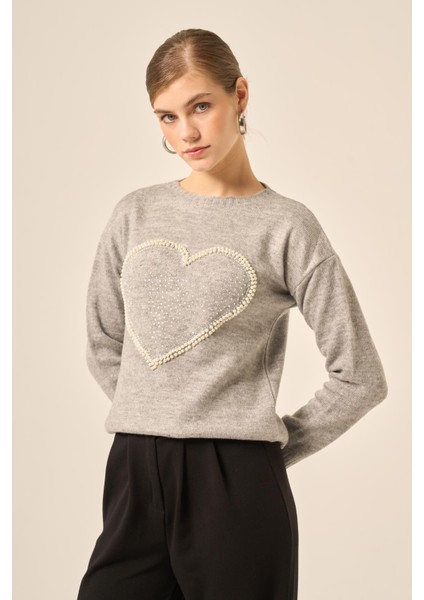 Kadın Kalp Detay Şardon Kazak Gri 25214