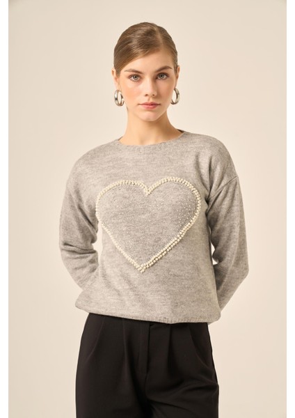 Kadın Kalp Detay Şardon Kazak Gri 25214 fiyatları