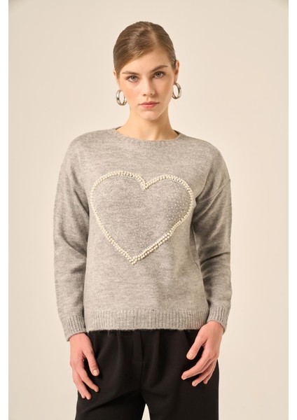 Kadın Kalp Detay Şardon Kazak Gri 25214 modelleri