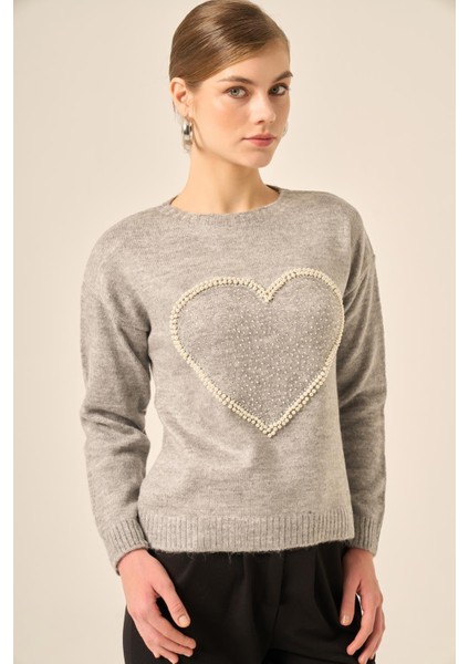 Kadın Kalp Detay Şardon Kazak Gri 25214 fırsatları
