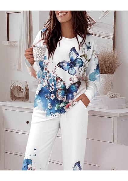 Kadın Uzun Kollu Bisiklet Yaka Kelebek Desenli Iki Iplik Alt Üst Takım fiyatları