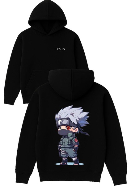 Kırmızı Yesil Gözlü Anime Tasarım Baskılı Oversize Siyah Kapüşonlu Sweatshirt