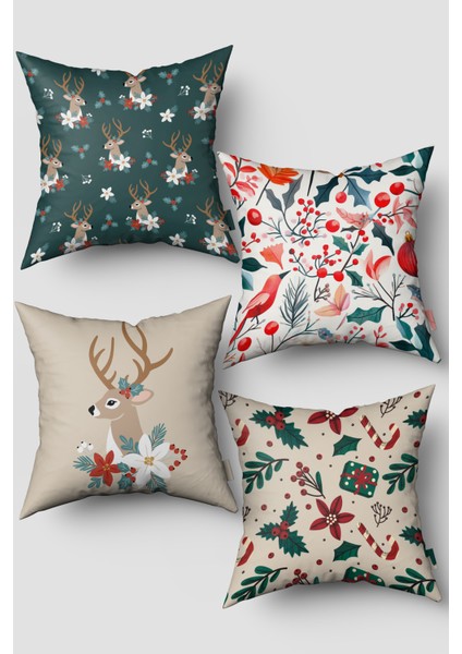 Noel Temalı Yeşil Bej Ren Geyiği ve Kırmızı Meyveler4'lü Kırlent Kılıfı Seti