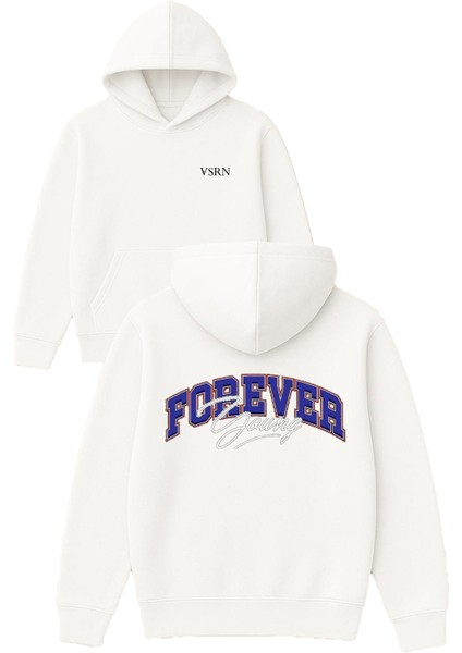 Forever Young Tasarım Baskılı Oversize Beyaz Kapüşonlu Sweatshirt