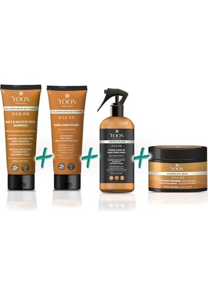 Yoon 4&apos;lü Saç Bakım Seti Tuzsuz Şampuan, Saç Spreyi, Saç Maskesi ve Saç Bakım Kremi Besleyici, Onarıcı, Güçlendirici ve Nemlendici Bakım Seti