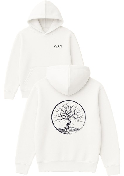 Sonsuzluk Agacı Tasarım Baskılı Oversize Beyaz Kapüşonlu Sweatshirt