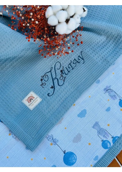 Ftbabycollection Çift Taraflı Kişiye Özel Isim Nakışlı Waffle Pike & Müslin Bebek BATTANIYESI 90X100 CM