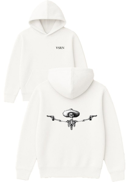 Slahlı Iskelet Tasarım Baskılı Oversize Beyaz Kapüşonlu Sweatshirt