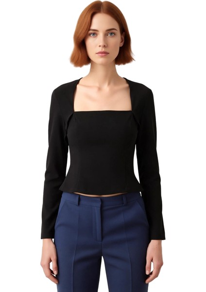 Kadınlar Için Modern Kare Yaka Uzun Kollu Dokuma Üst Kaliteli Şık Rahat Modern Zarif Günlük