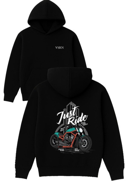 Just Ride Tasarım Baskılı Oversize Siyah Kapüşonlu Sweatshirt