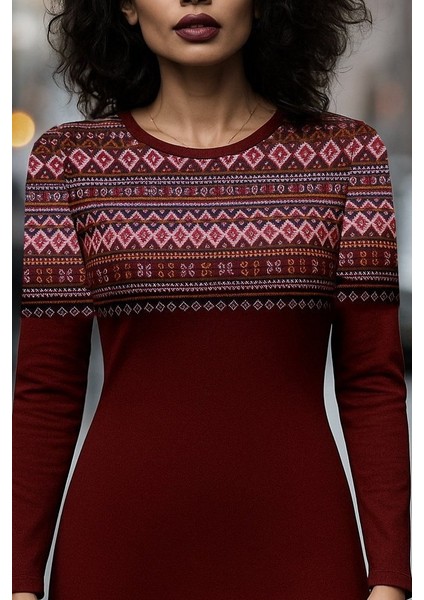 Kadın Uzun Kollu Bisiklet Yaka Etnik Desenli Kısa Şardonlu Dalgıç Elbise fiyatları