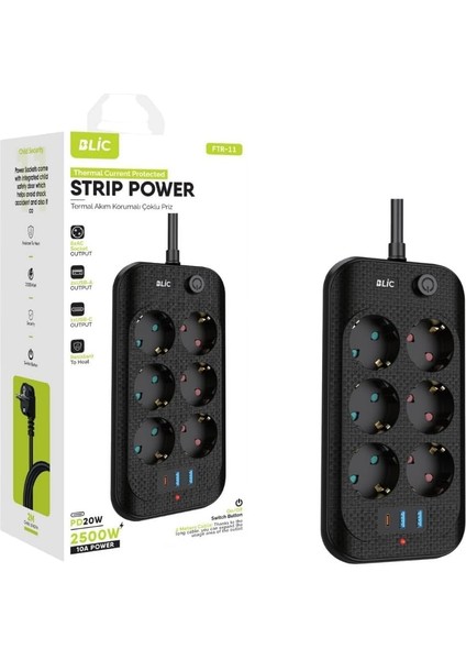 Blic 6'lı Çoklu Priz – 2 USB + 1 Type-C Hızlı Şarj Girişli, Termal Akım ve Çocuk Korumalı, 2 Metre Kablolu, Ev ve Ofis Için Güvenli Uzatma Prizi