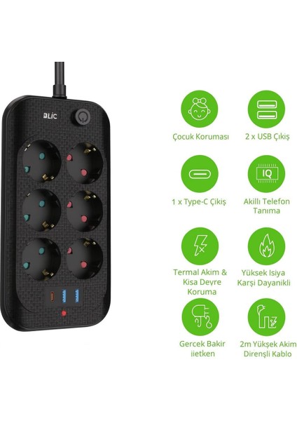 Blic 6'lı Çoklu Priz – 2 USB + 1 Type-C Hızlı Şarj Girişli, Termal Akım ve Çocuk Korumalı, 2 Metre Kablolu, Ev ve Ofis Için Güvenli Uzatma Prizi fiyatları