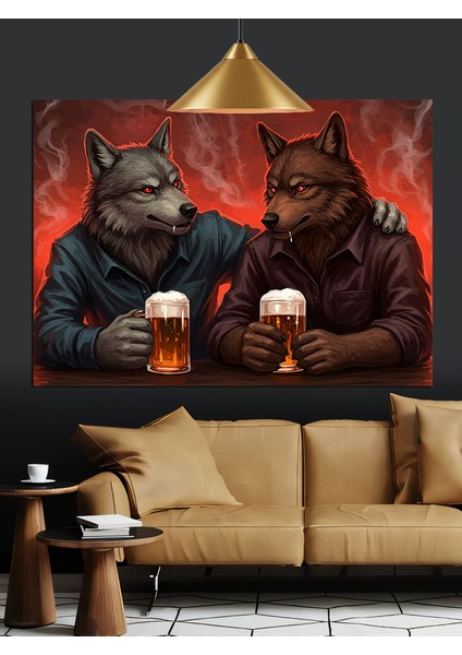 Bira Içen Iki Kurt Dekoratif Kanvas - Mdf Ahşap Tablo