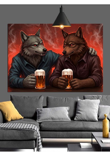 Bira Içen Iki Kurt Dekoratif Kanvas - Mdf Ahşap Tablo fiyatları