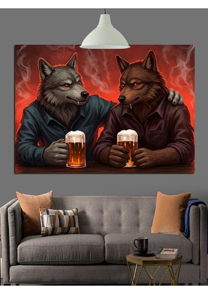 Bira Içen Iki Kurt Dekoratif Kanvas - Mdf Ahşap Tablo modelleri