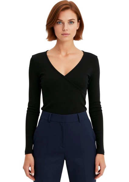 Kadın Düz Kruvaze Yaka Uzun Kollu Vücuda Oturan Bluz Pamuk Polyester Esnek Örme Konforlu Stil