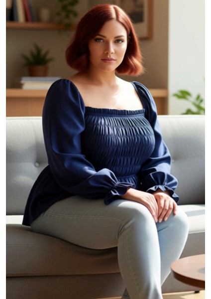 Kadın Moda Şık Büyük Beden Crop Kare Yaka Büzgülü/fırfırlı Kol Fitted Kalıp Dokuma Gipeli Bluz