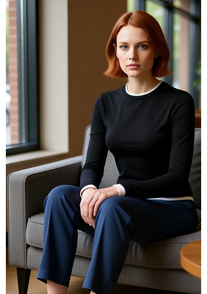 Kadın Şık Regular Dik Yaka Slim Kalıp Örme Fitted Vücuda Oturan Viskon Yumuşak Kumaşlı Esnek Bluz