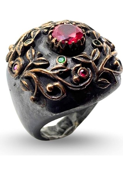 Yakut Zümrüt Taşlı Siyah Gümüş Kadın Yüzük