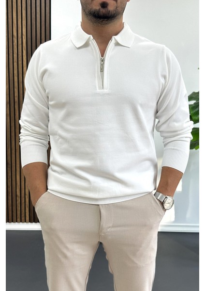 Erkek Yarım Fermuarlı Düz Desen Polo Yaka Kazak Beyaz EDW424
