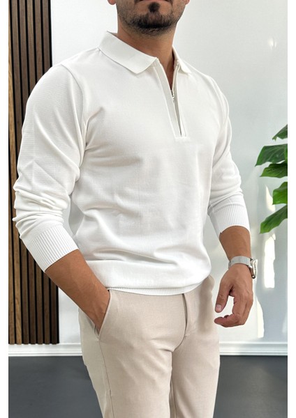 Erkek Yarım Fermuarlı Düz Desen Polo Yaka Kazak Beyaz EDW424 fiyatları