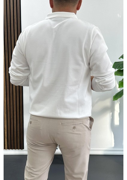 Erkek Yarım Fermuarlı Düz Desen Polo Yaka Kazak Beyaz EDW424 modelleri