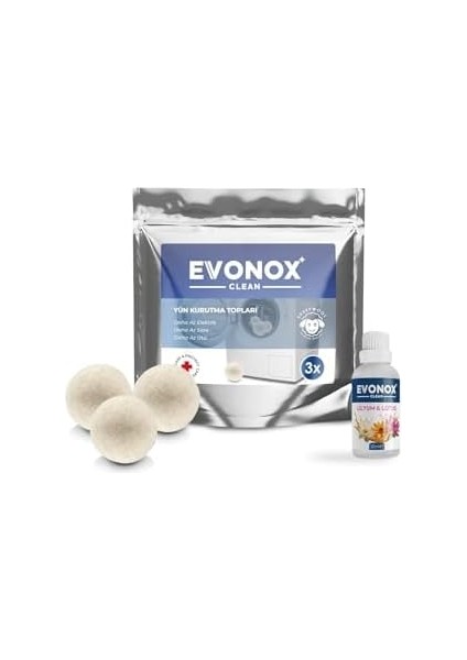 Evonox Clean 3 Adet Çamaşır Yün Keçe Kurutma Topu + 30ML Esans Koku Hediye - Doğal ve Çevre Dostu