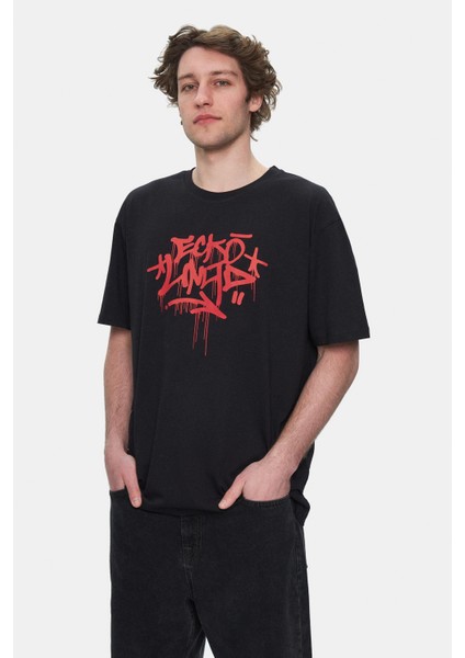 Arjen Siyah Bisiklet Yaka Baskılı Oversize Erkek Tshirt