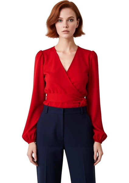 Kadın Ekru Kruvaze Bağlama Detaylı V Yaka Balon Kol Dokuma Bluz Kışlık Business Kullanım Için modelleri