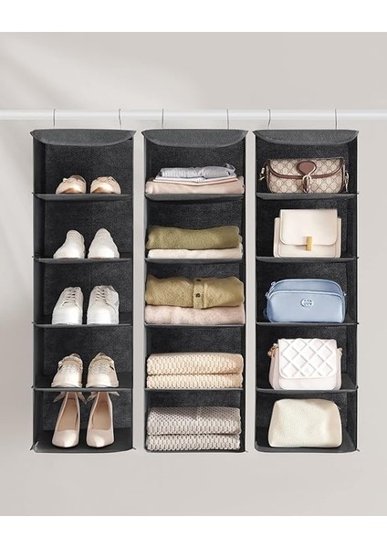 Askılı Gardırop Saklama Düzenleyici, 2'li Set Askılı Saklama Rafları, Katlanabilir Gardırop Giysi Düzenleyiciler, Metal Kancalı, Bambu Çubuklu, Keten Desenli, Gri RCH005G02 indirimleri