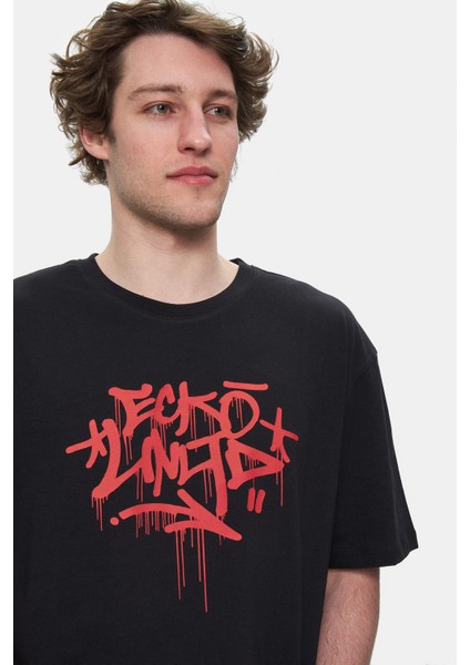 Arjen Siyah Bisiklet Yaka Baskılı Oversize Erkek Tshirt modelleri