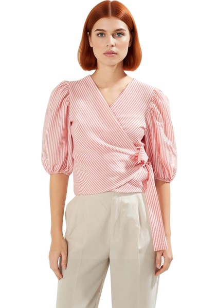 Pamuklu Gofre Bluz V Yaka Balon Kol Çizgili Yazlık Rahat Yüksek Kalite Konforlu Kesim